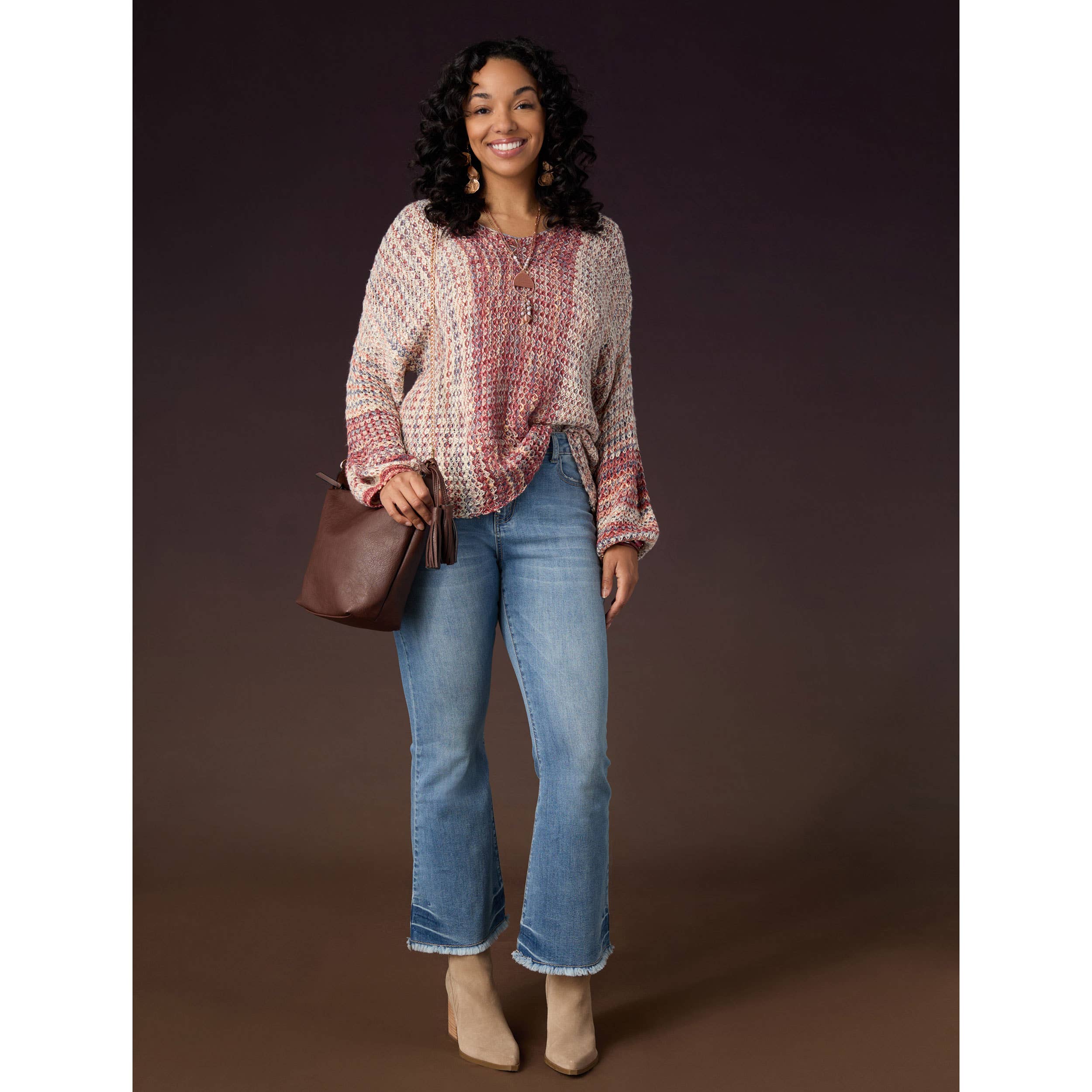 Bourgogne/Naturel Pull à capuche multicolore à col en V Neville en vente sur Faire2