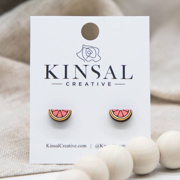 Grapefruit Wedge Wood Stud Earrings for wholesale by Kinsal Creative