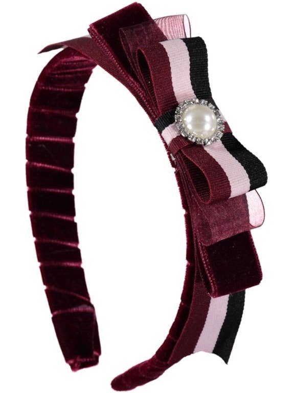 Bordeaux fløjl pandebånd med bånd og perle for engroshandel hos Piccola Speranza