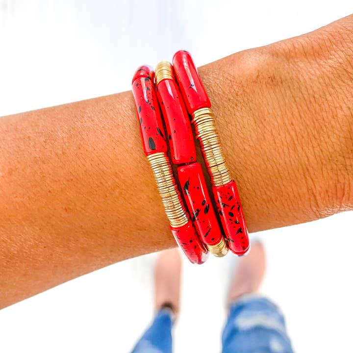 Savvy Bling - Wholesale Beaded Bracelet - Red & Black Speckle Acrylic Tube Bamboo Bracelet5