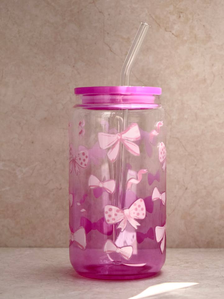 Pink Glass Tumbler Cup diverse bows for wholesale by the cute cloud