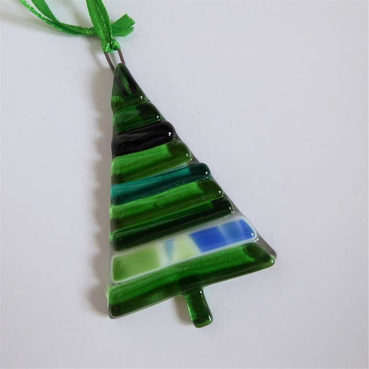 Glass Christmas tree decoration - green stripe tree for wholesale by Eva Glass Design