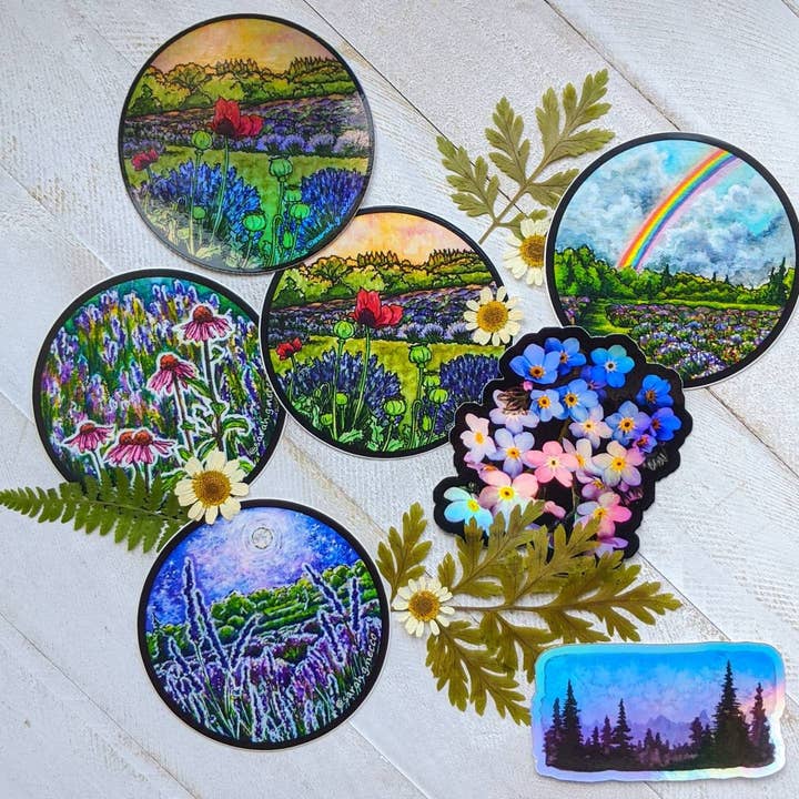 BarnHouse Studios - Wholesale Sticker - Echinacea Flowers and Lavender, 3" Circle Vinyl Sticker