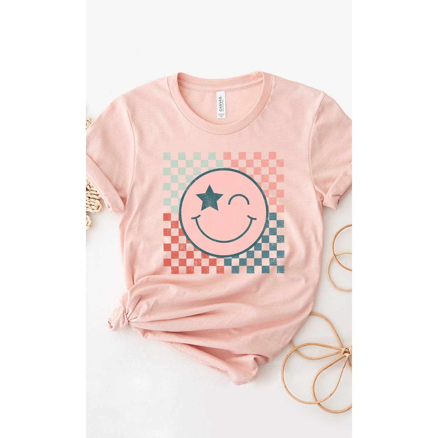 Kissed Apparel - Wholesale Screen Printed T-Shirt - Women's - Star Winky Smiley Checker Graphic Tee1