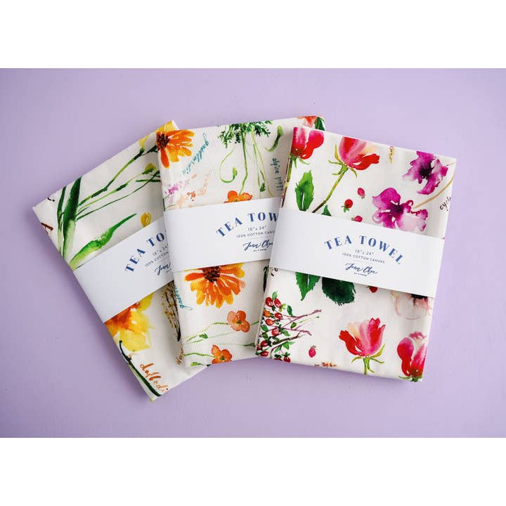 Jean Choe Art & Design - Wholesale Tea Towel - Botanical Rainbow (Red) Kitchen Tea Towel. Floral Tea Towel.7