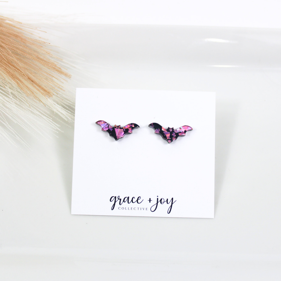 Grace + Joy Collective - Wholesale Stud/Post Earrings - Pink and Black Bat Stud Earring, Acrylic Earrings0