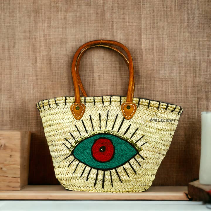 French Market Basket with Evil Eye – Chic Straw Bag for wholesale by Melecraft
