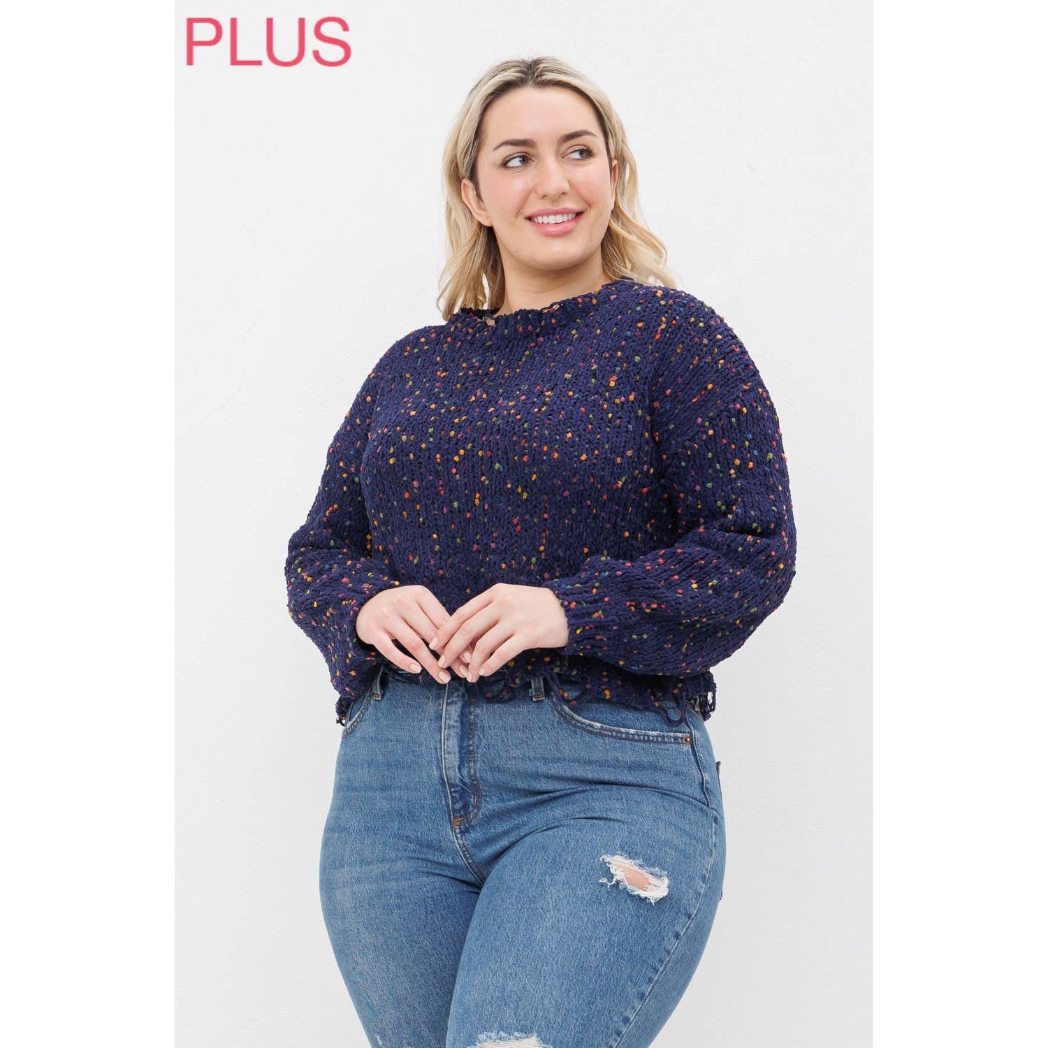 Sweet Generis – Engroshandel Pullover - Dame – PLUS CHENILLE POPCORN PLETTER NØDLIDENDE CROP SWEATER12