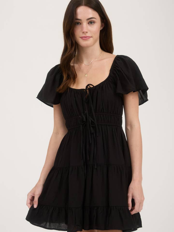 Blu Pepper - Wholesale Dress - Women's - FRONT TIE STRAP SHORT SLEEVE TIERED MINI DRESS