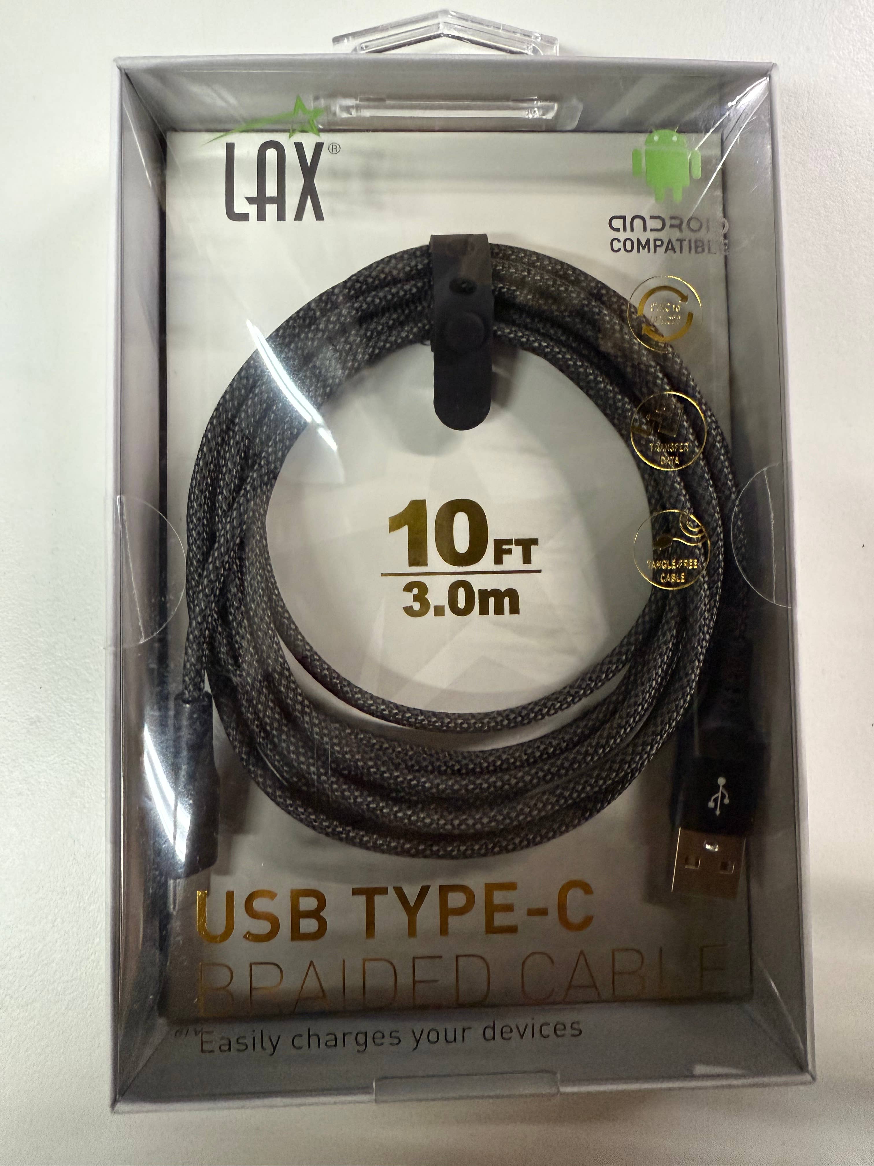 LAX Gadgets - Vendita all'ingrosso Cavo di ricarica - Cavo USB-C in Nylon a Rete LAX - 10 Piedi - Nero - Confezione al Dettaglio3