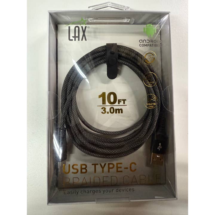 LAX Gadgets - Vendita all'ingrosso Cavo di ricarica - Cavo USB-C in Nylon a Rete LAX - 10 Piedi - Nero - Confezione al Dettaglio3