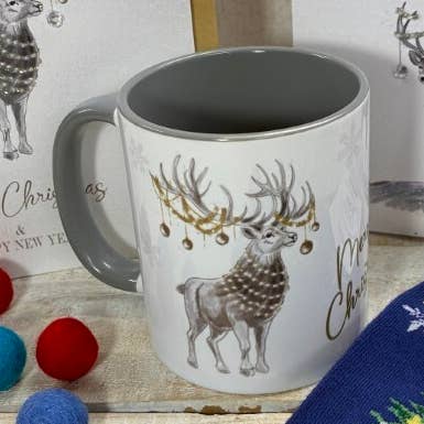 Boxed - Christmas Mug - Reindeer & Baubles - Grey Inner for wholesale by White Cotton Cards