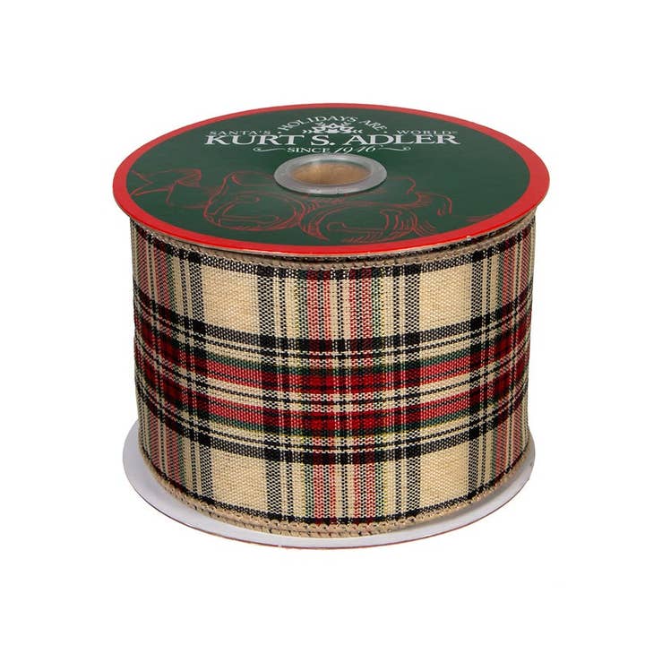 Kurt S. Adler, Inc. - Wholesale Ribbon - Gift Wrapping - 10YD TAN/RED/GREEN/BLACK PLAID RIBBON