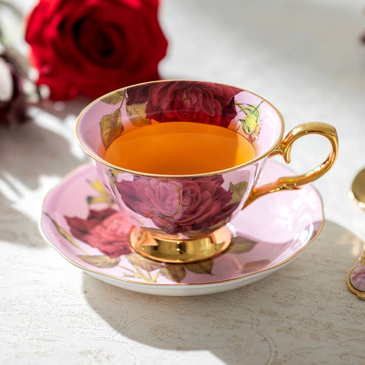 Gold Pink Stem Rose 7oz Bone China Tea Cup and Saucer for wholesale by Grace Teaware