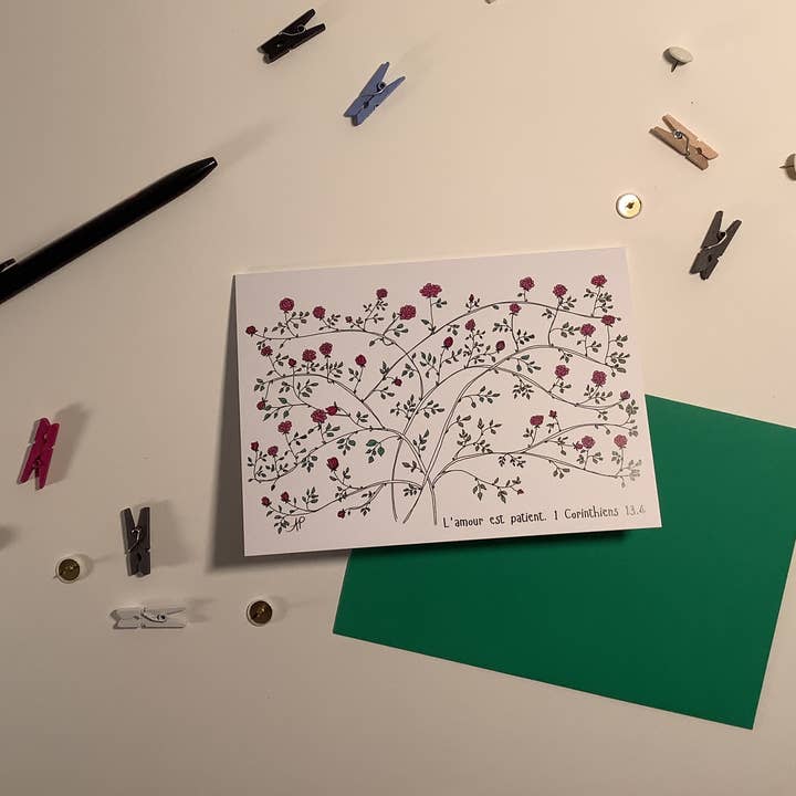 "Love is Patient" Climbing Roses Card with Bible Verse for wholesale by Little Red Fox Designs