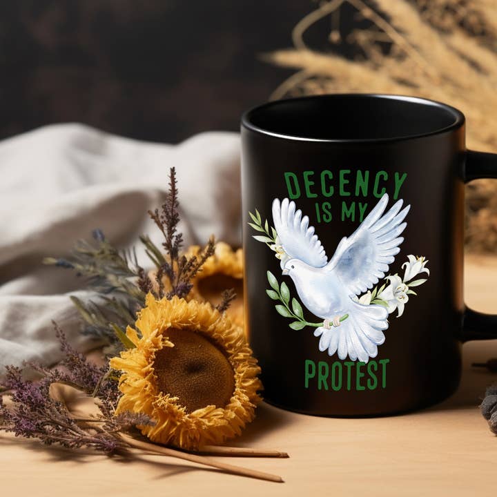 Decency Is My Protest Coffee Mug White Dove Activist Gift for wholesale by Vivtrek