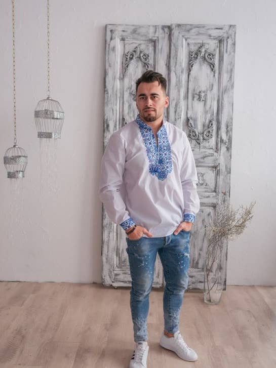 Embroidered Men's Shirt Colonel White & Blue for wholesale by Galychanka