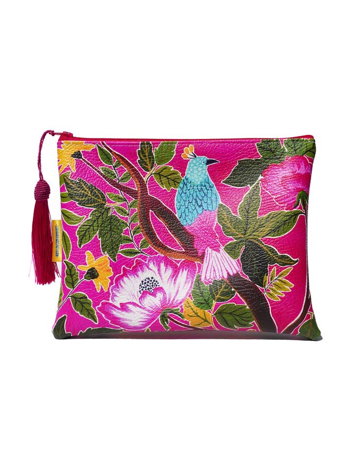 Lyserød fugl vegansk læder makeup taske for engroshandel hos Lousurfacepattern