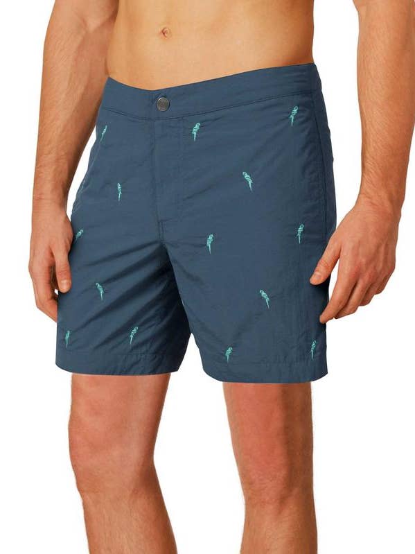 Aruba 6.5" Denim Embroidered Macaws Swim Trunks for wholesale by boto