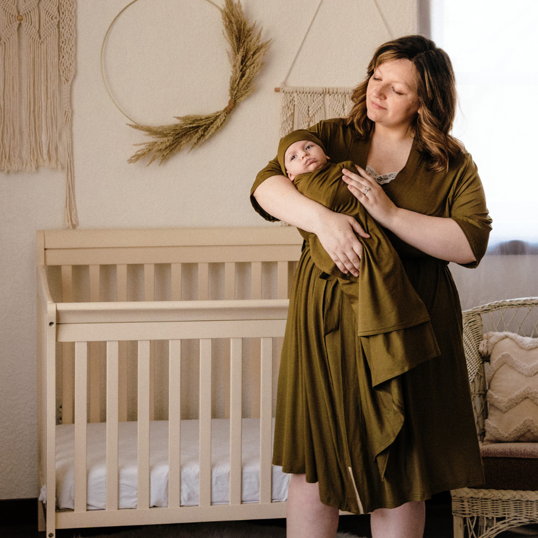 HAHA MAMA Clothing - Wholesale Dress - Maternity - Olive Green Maternity Delivery Gown & Matching Swaddle1