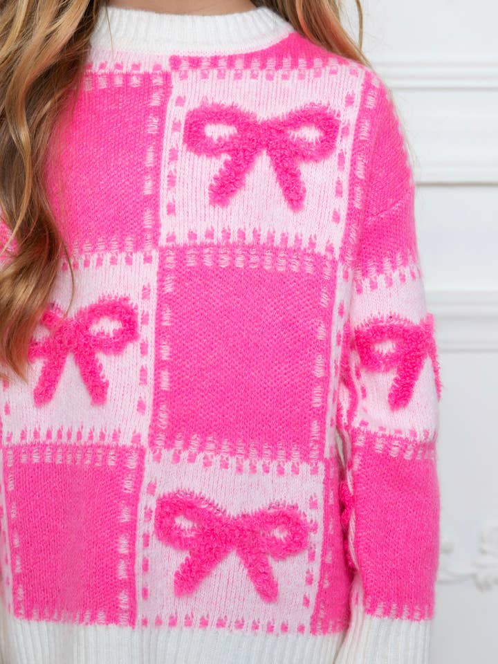 Sweet Bow Pink Checkered Knit Sweater for wholesale on Faire5