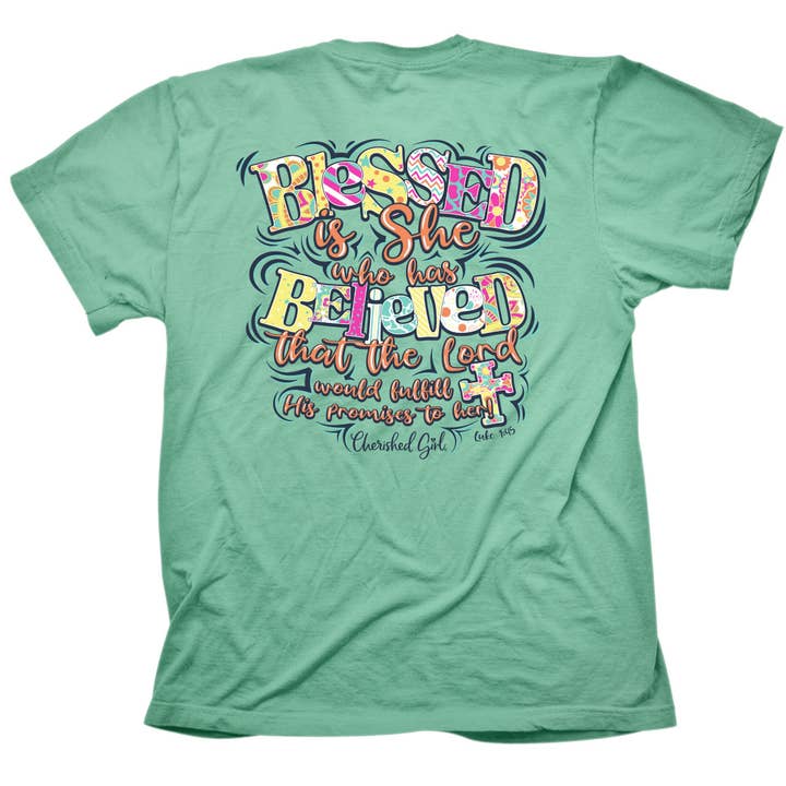 Mint Cherished Girl Womens TShirt Blessed Is She Who Has Believed for wholesale on Faire