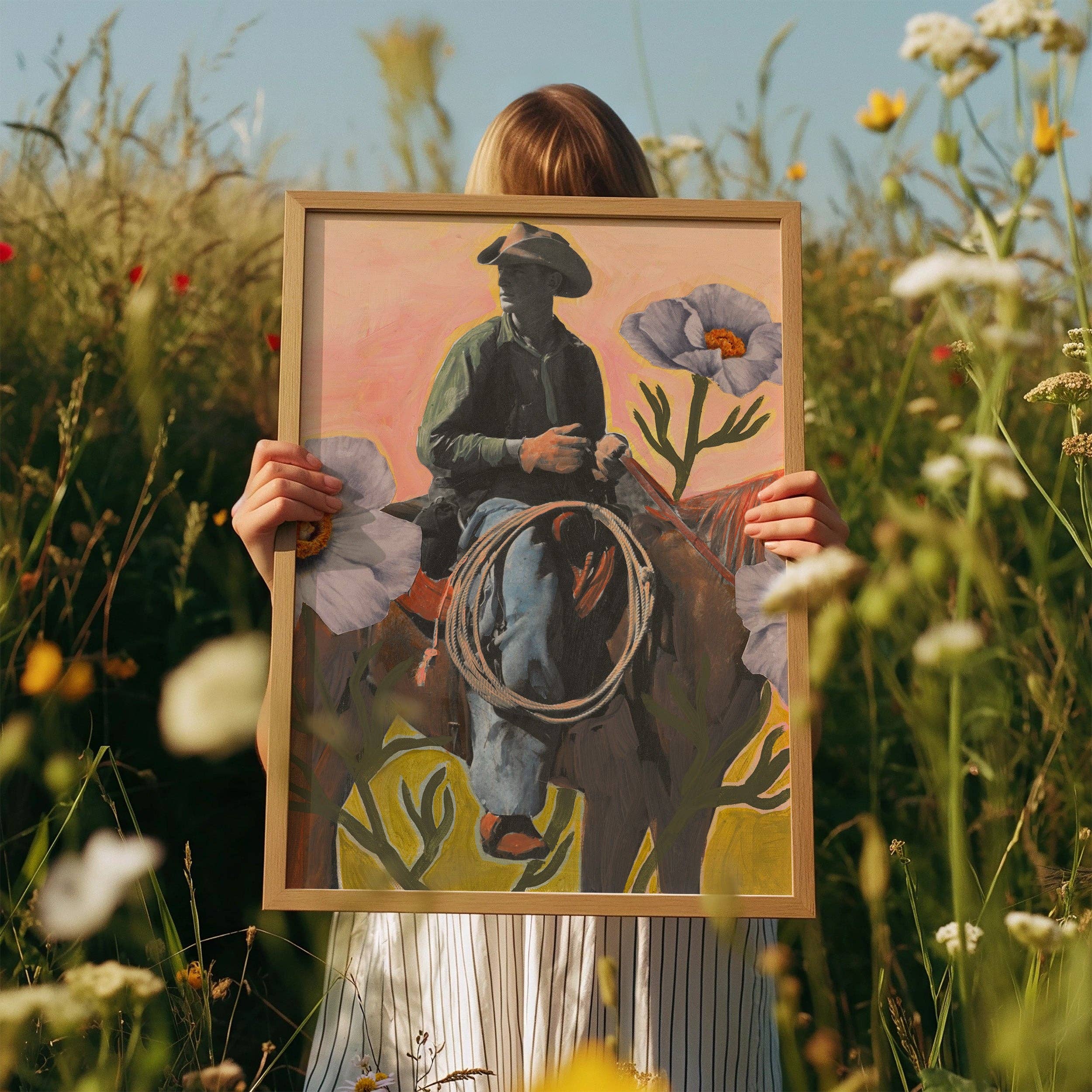 El Baker Art - Wholesale Art Print - Retro Rodeo Cowboy Poppy Collage Print2
