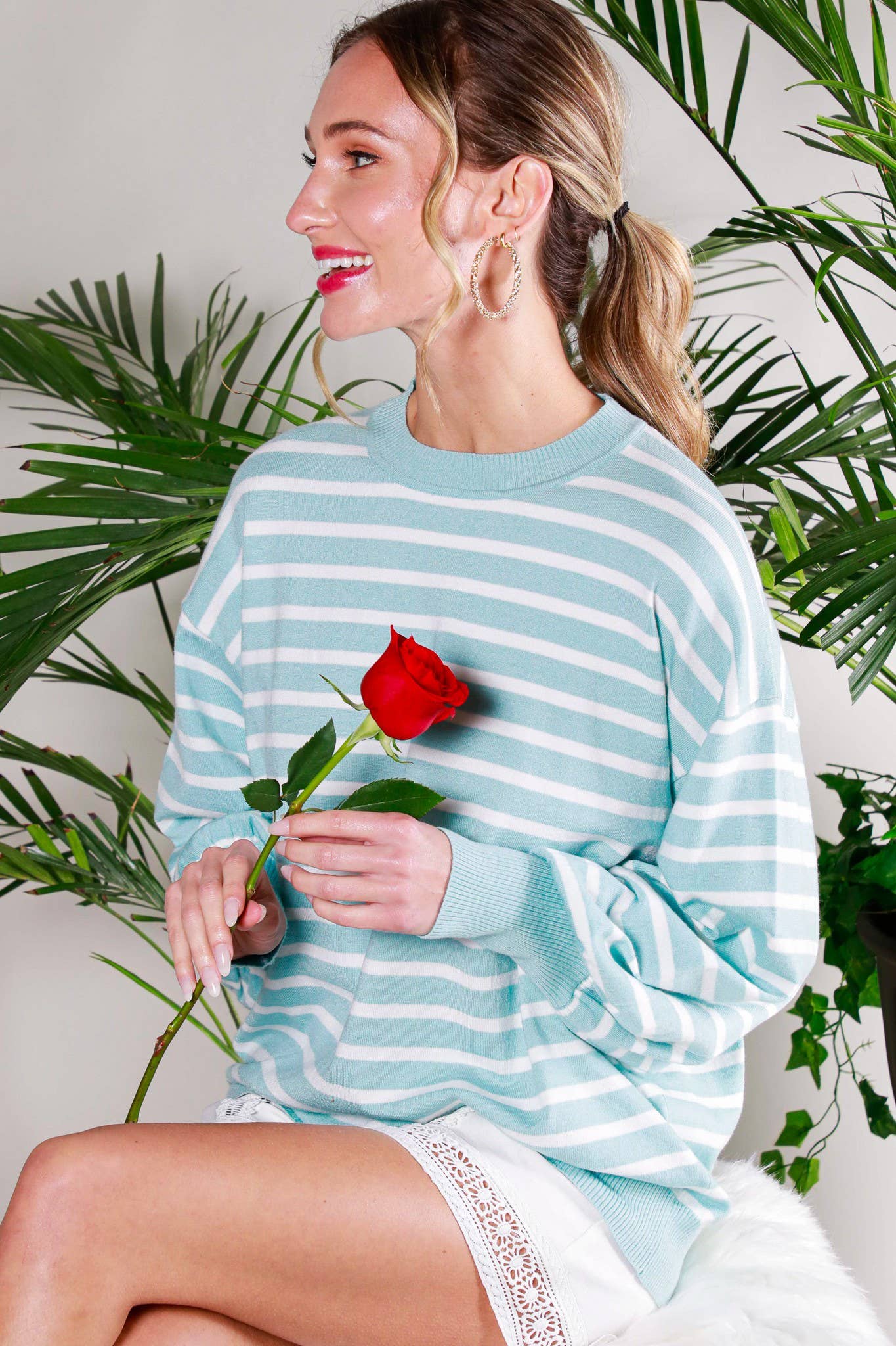 Vine & Love - Wholesale Knit Sweater - Women's - Striped Long Balloon Sleeve Knitted Sweater Top VT60387D8