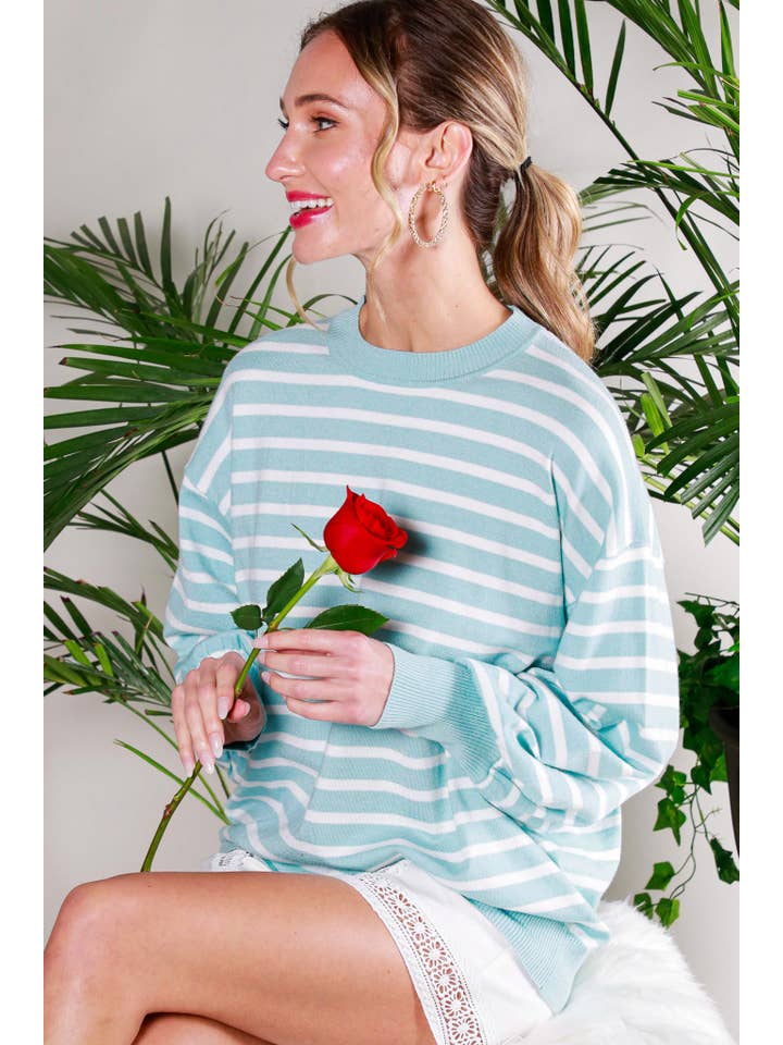 Vine & Love - Wholesale Knit Sweater - Women's - Striped Long Balloon Sleeve Knitted Sweater Top VT60387D8