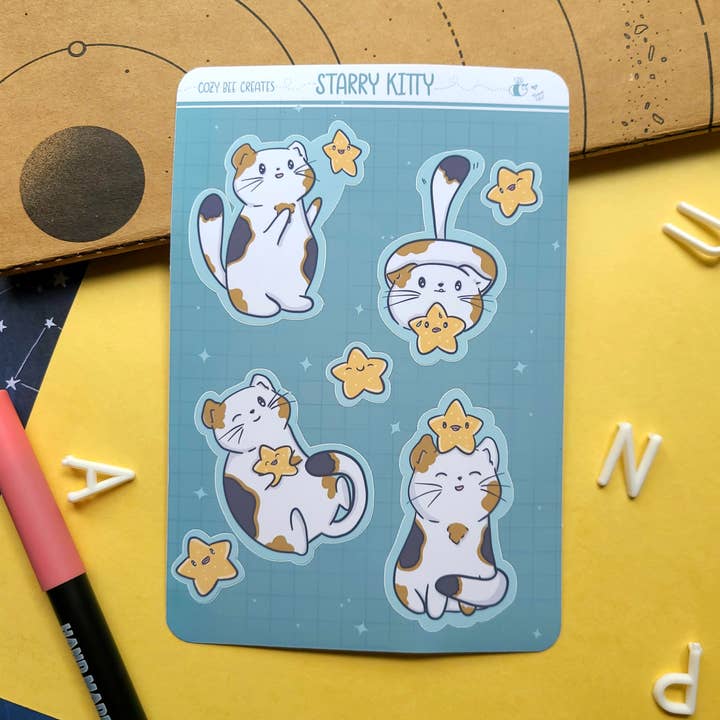 Feuille d'autocollants Starry Kitty, chat, autocollants en vinyle, autocollants pour la vente par Cozy Bee Creates