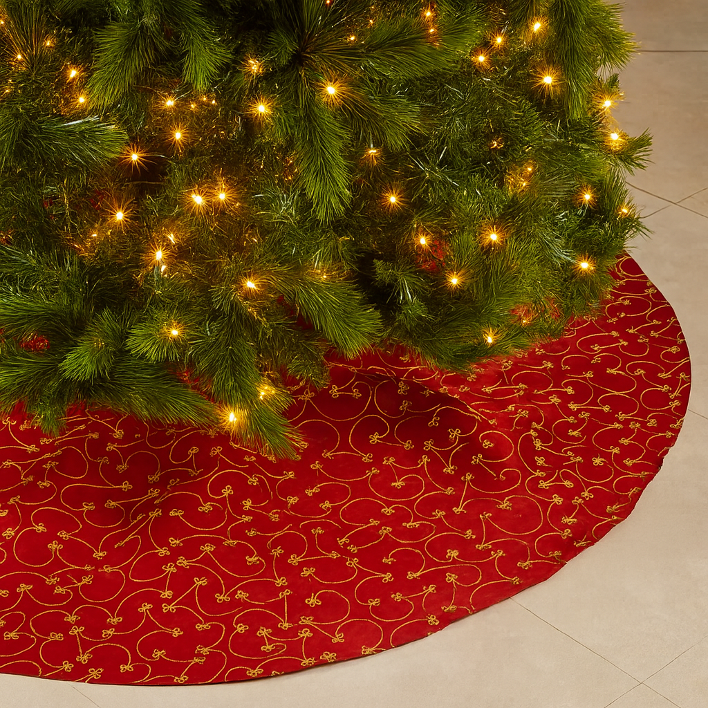Fennco Styles - Wholesale Tree Skirt - Gold Embroidered Burgundy Christmas Tree Skirt2