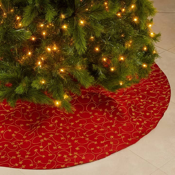 Fennco Styles - Wholesale Tree Skirt - Gold Embroidered Burgundy Christmas Tree Skirt2