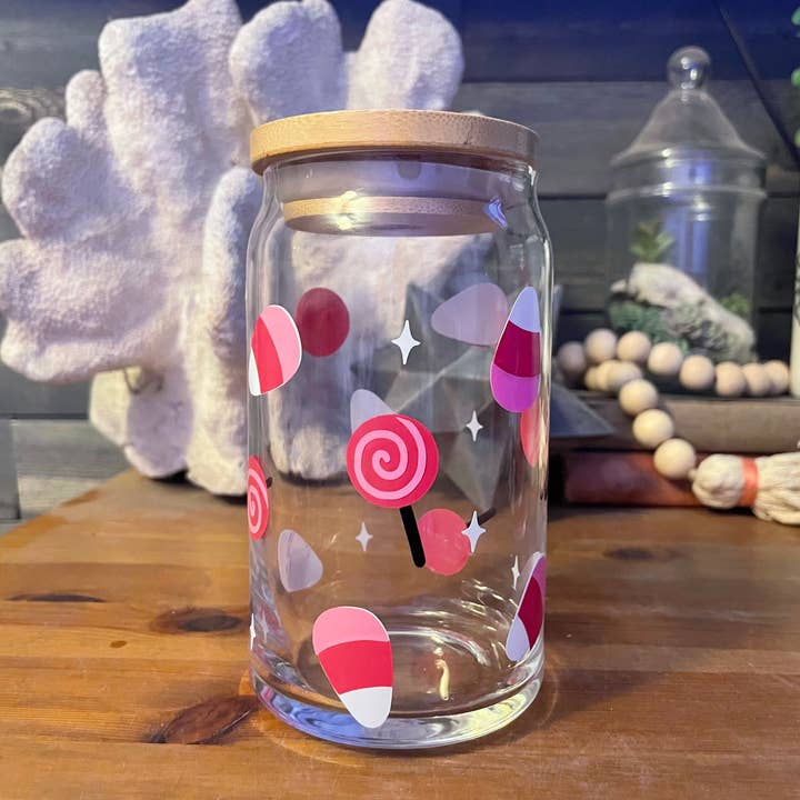 Pink Halloween Candy Corn Coffee Cup - 16 or 20 oz Glass Can for wholesale by Mickee Mariee