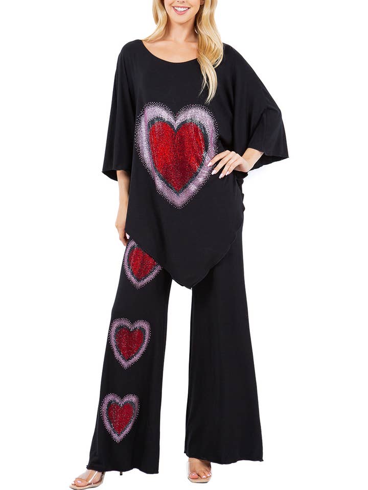 Heart Rhinestone 2 pc V-Neck Tunic/Legging set for wholesale by Kokomo Unlimited