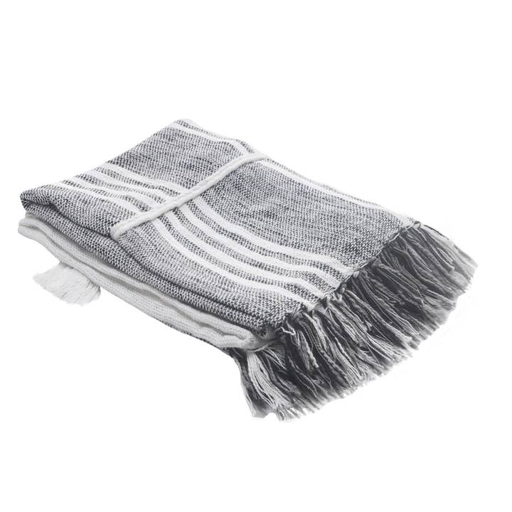 Gris/Blanc Plaid à rayures verticales et texturées avec franges en vente sur Faire1