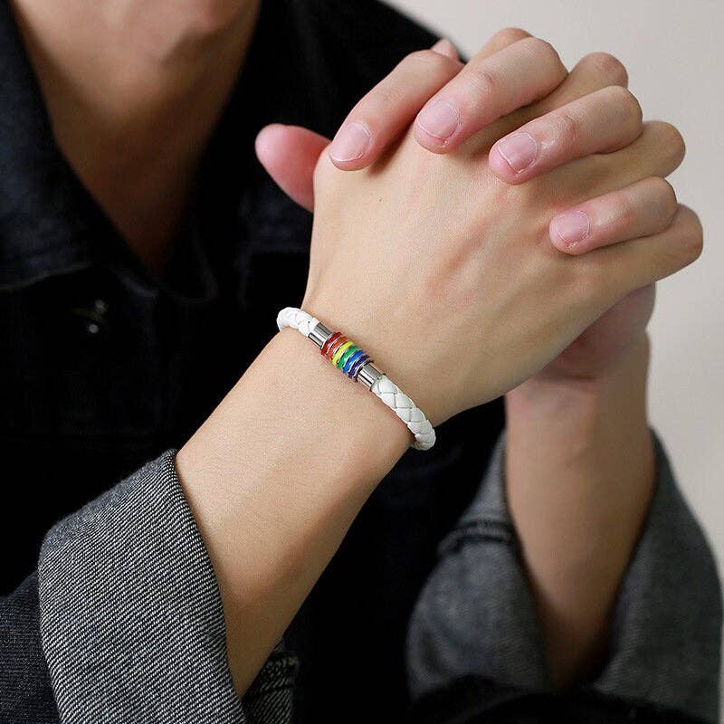 Perimade & Co. LLC - Wholesale Woven/Braided Bracelet - Rainbow LGBTQ Pride Bracelet in Stainless Steel, PU Leather6