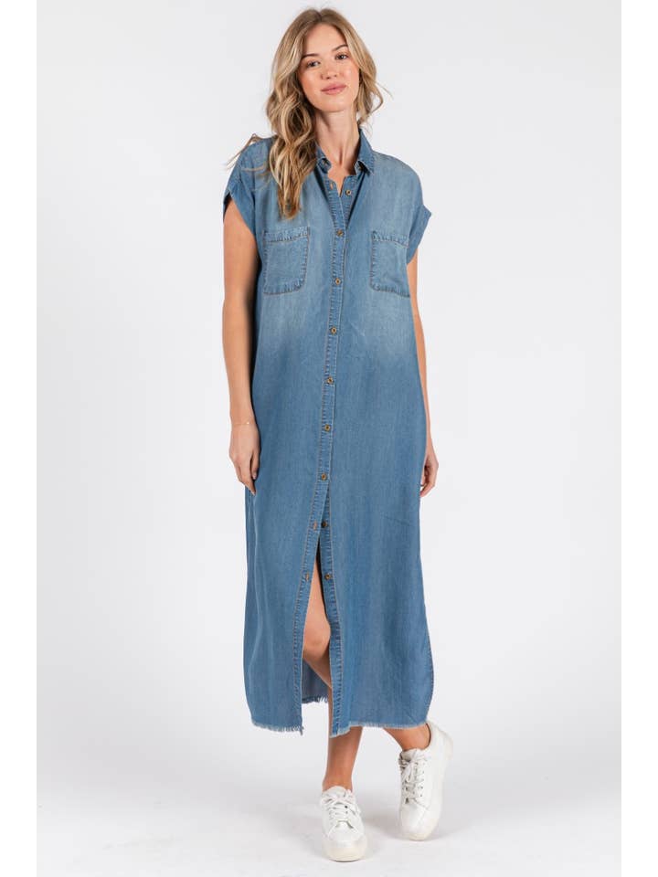 ZiA Apparel - Wholesale Dress - Women's - Short Sleeve Maxi Denim Dress- Denim