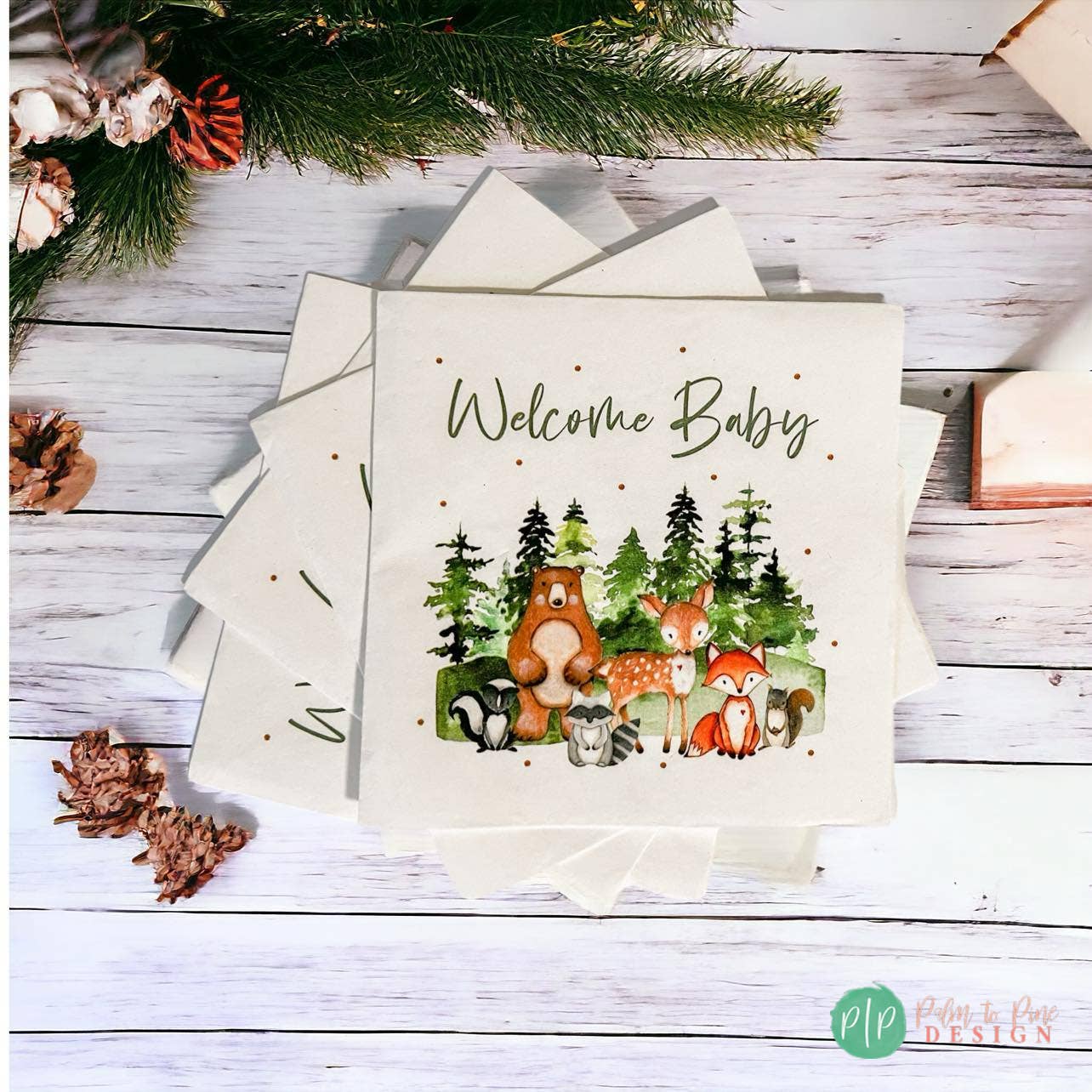 Palm to Pine Design - Wholesale Disposable Napkin - Woodland Baby Shower Napkins, Woodland Party Tableware4
