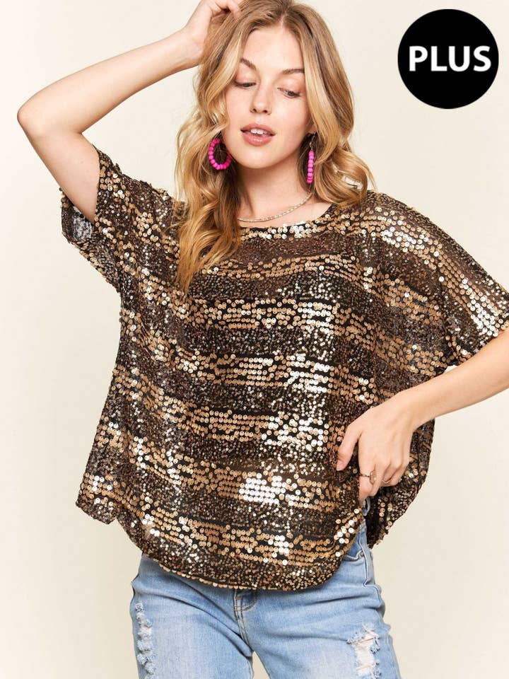 T0387HEX - CHEMISIER RAYÉ À SEQUINS GRANDE TAILLE pour la vente par ADORA LA