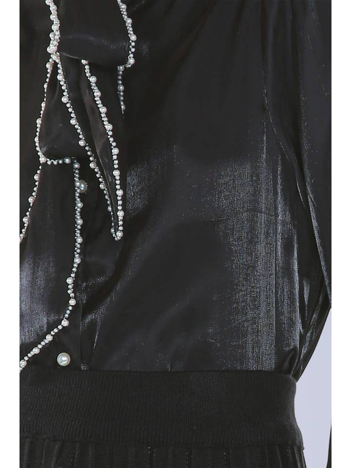 Black Glossy Bow Tie Blouse With Pearl trim
KC2454-L for wholesale on Faire