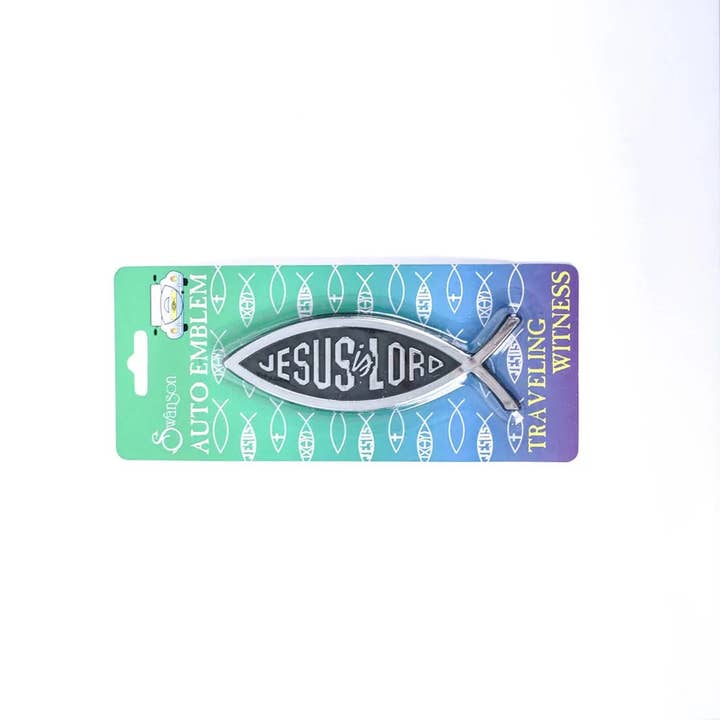Auto Emblem - Jesus is Lord Fish - Silver - Pack of 6 for wholesale by Swanson Christian Products