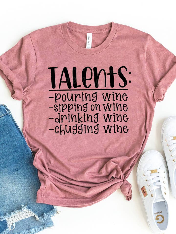 Printliss - Wholesale Screen Printed T-Shirt - Women's - Talents Pouring Wine Sipping On Wine T-shirt - Bella Canvas
