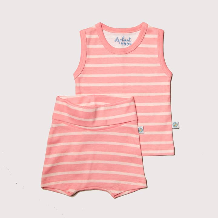 Organic Cotton Baby Shorts Vest Set Peony Stripe for wholesale by Elephant Moon