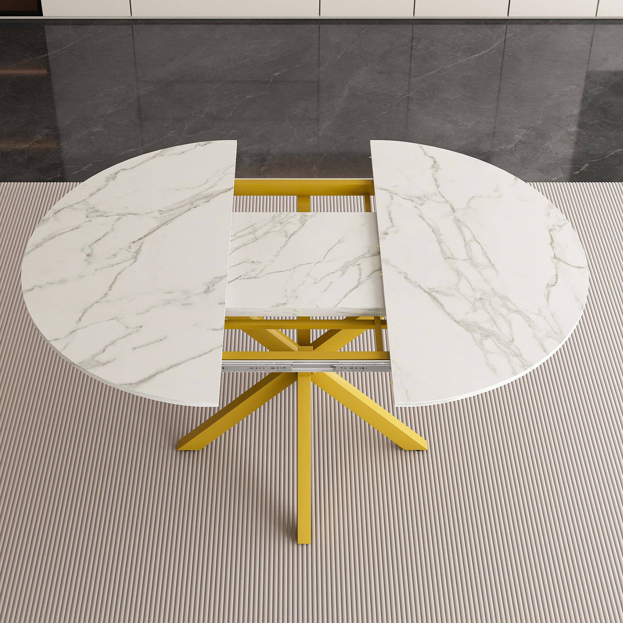 39F Inc. - Wholesale Side Table - Modern Round Dining Table with Extendable Blades, Carbon Steel X-Base, White Marble-Veined Top, MDF and Iron Construction, Fits 4-6 People3