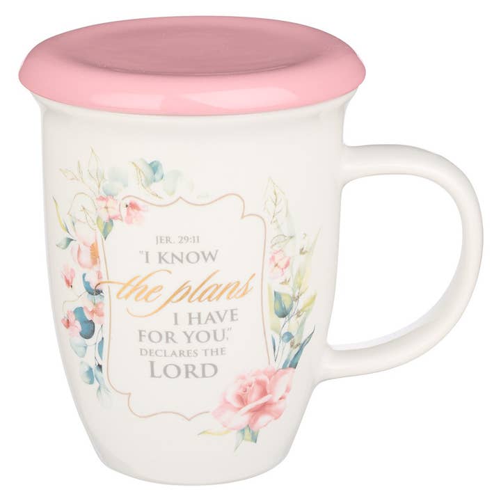 Mug with Lid Pink/White Floral I Know the Plans Jer. 29:11 for wholesale by Christian Art Gifts