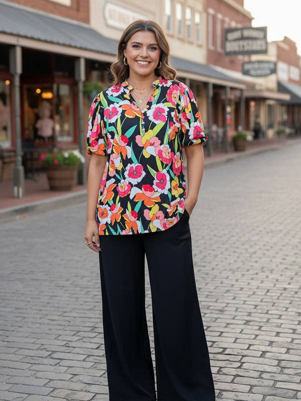 Floral printed puff short sleeve women top GJQ16467 for wholesale by luluclothes