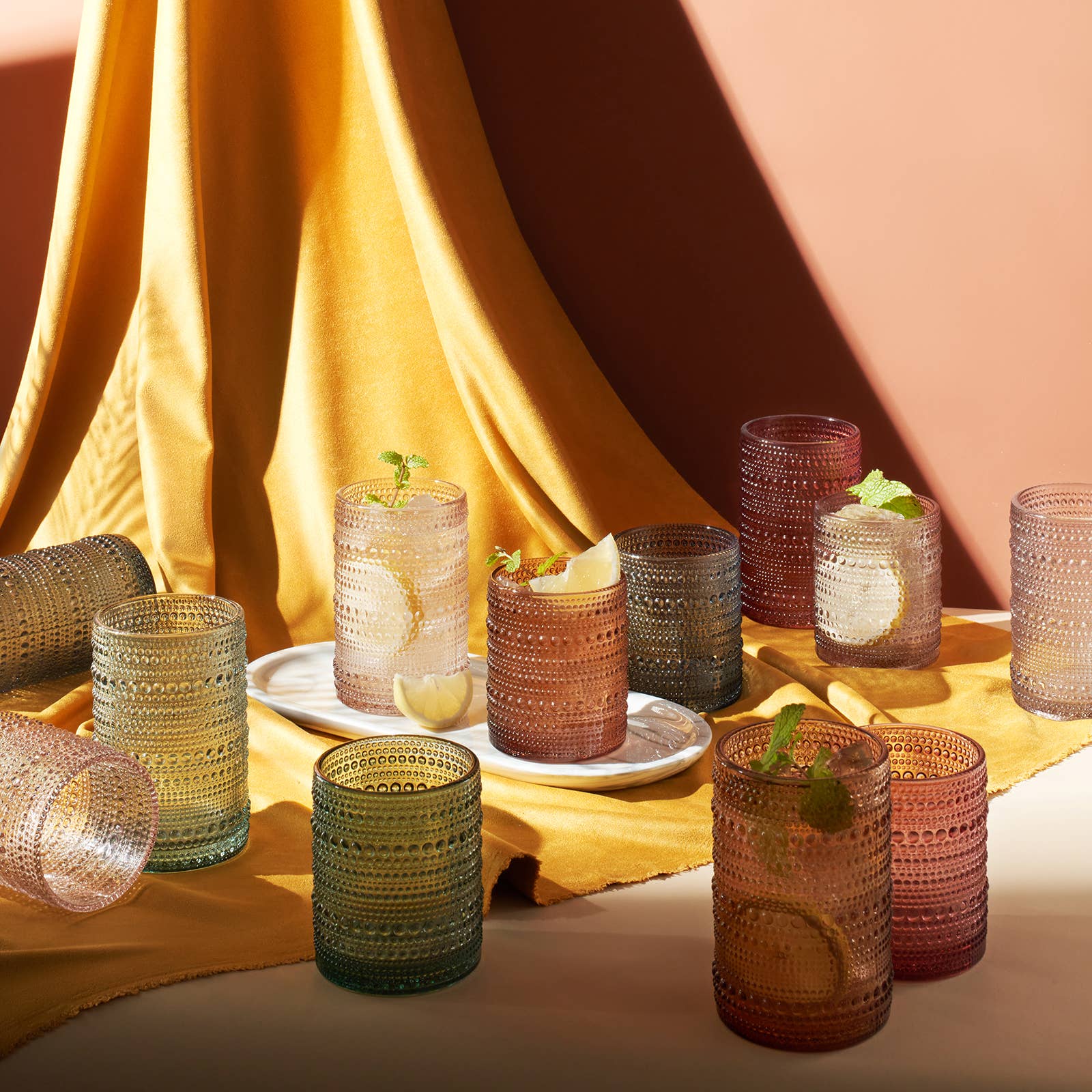 The Wine Savant /  Khen Glassware - Wholesale Drinking Glass/Cup - 12 Hobnail Drinking Glasses Pastel Colored Beaded Set3