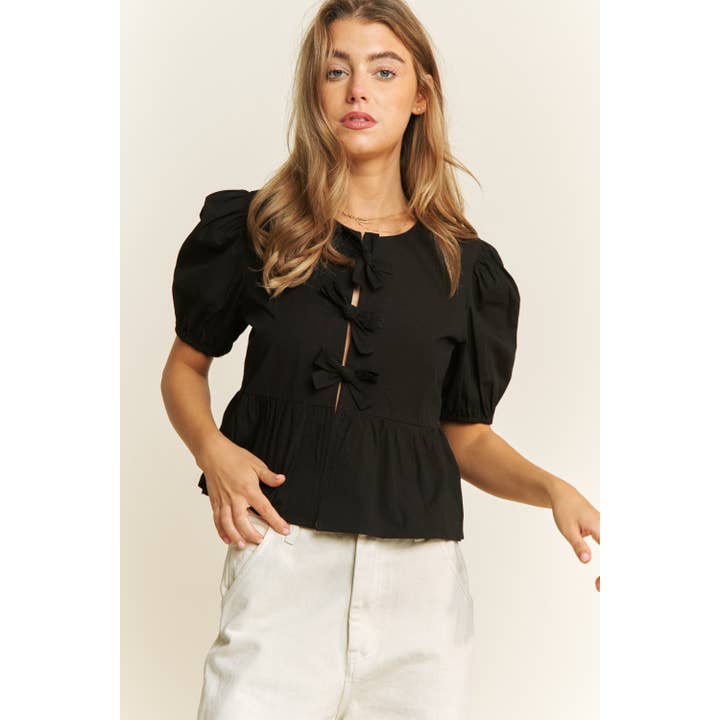 Sweet Generis – Großhandel Bluse – Damen – Babydoll-Bluse aus Baumwollgewebe mit offenem Vorderteil und Schleifendetails1