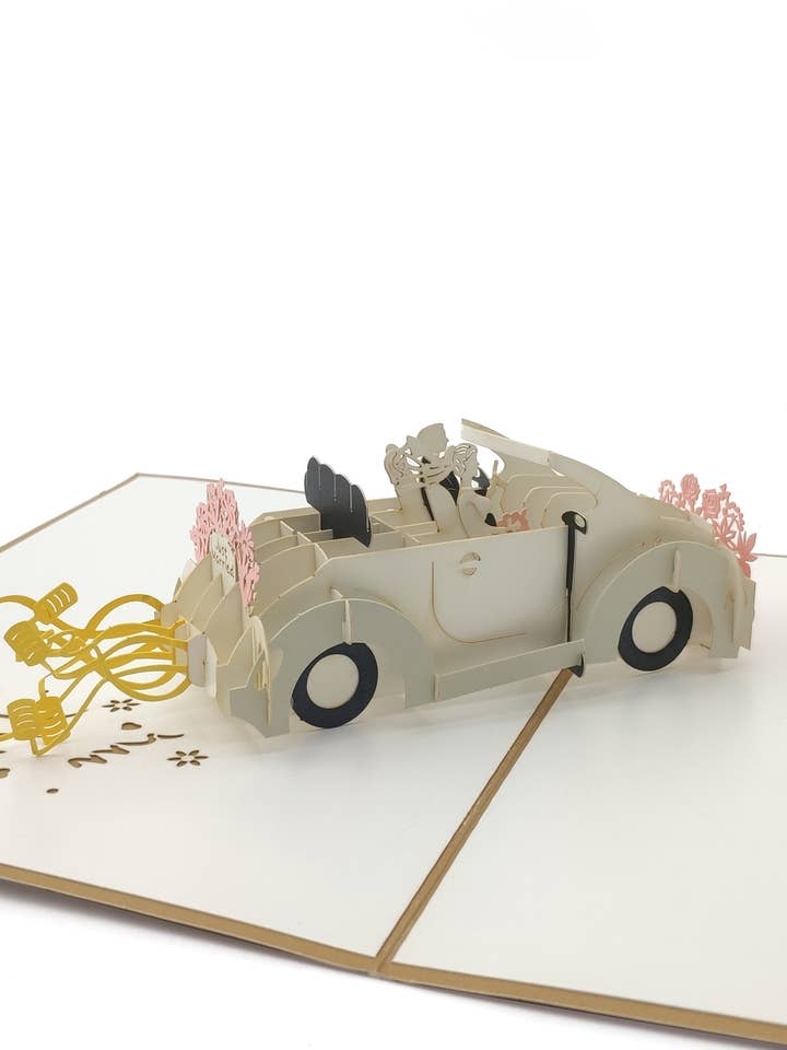 Happy Couple Embossed Wedding Car Pop Up Greeting Card CRG01 for wholesale by Carol Wilson Fine Arts Inc./For Arts Sake