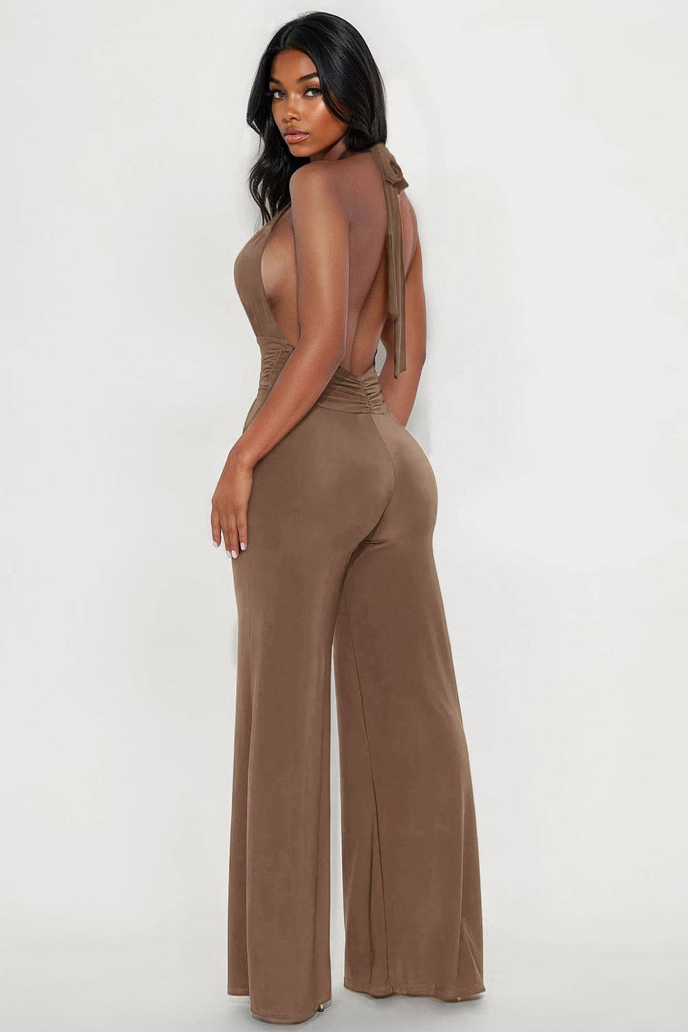 5besties inc - Wholesale Jumpsuit - Women's - HALTER WIDE LEG JUMPSUIT WITH RUCHED WAIST DETAIL4